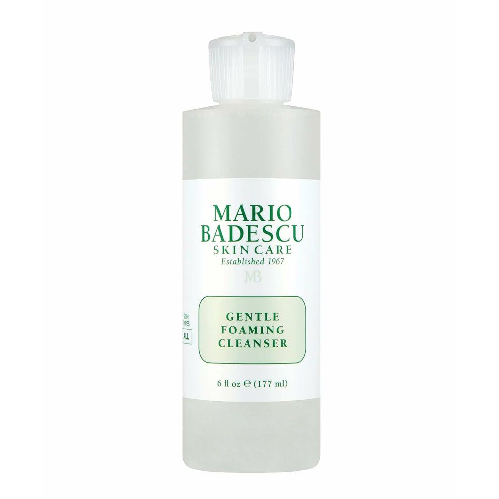 Flacon transparent avec bouchon blanc. Étiquette avec "MARIO BADESCU SKIN CARE" et "GENTLE FOAMING CLEANSER".