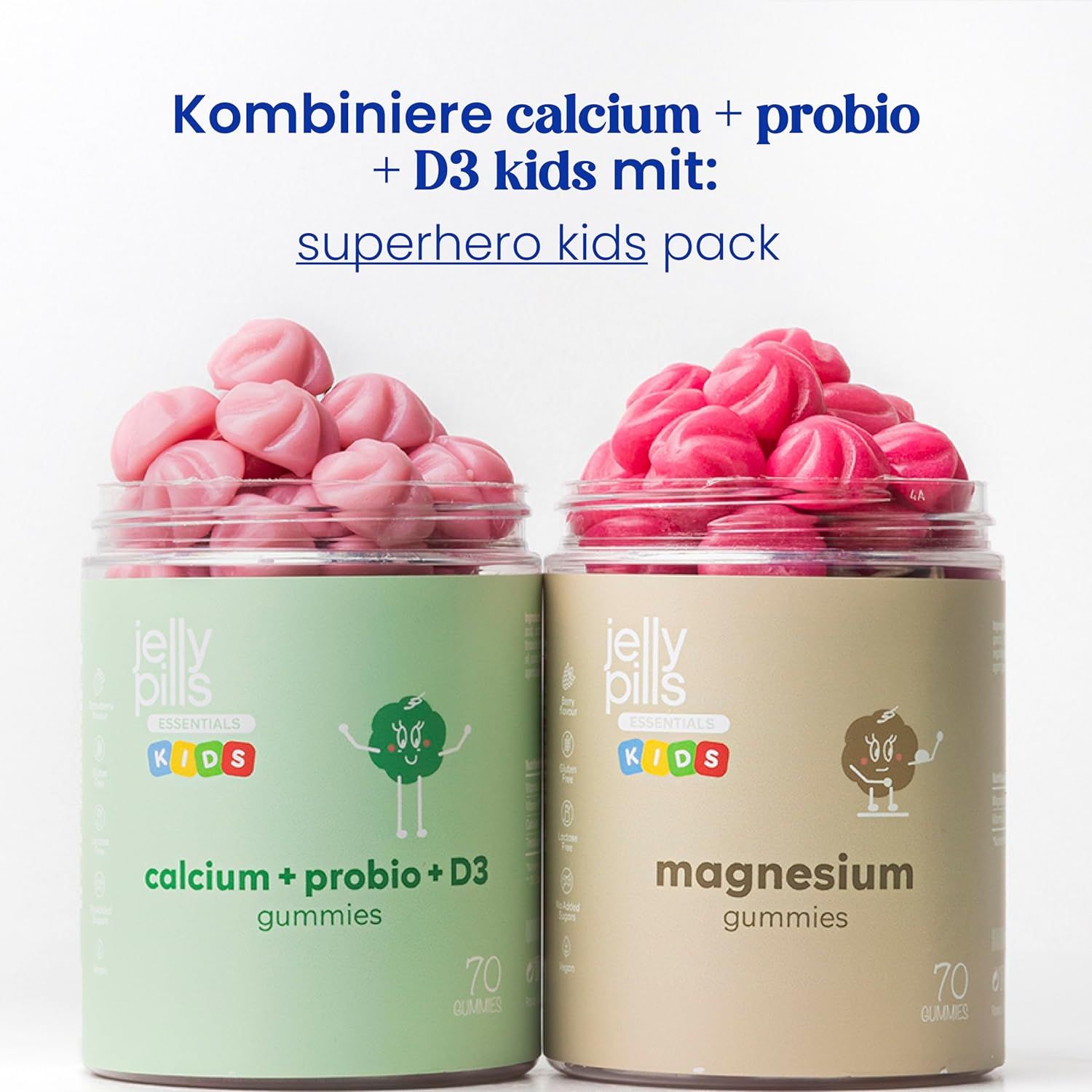 Deux pots de gummies Jelly Pills Kids. Un pot calcium + probio + D3, un pot magnésium. 70 gummies par pot.