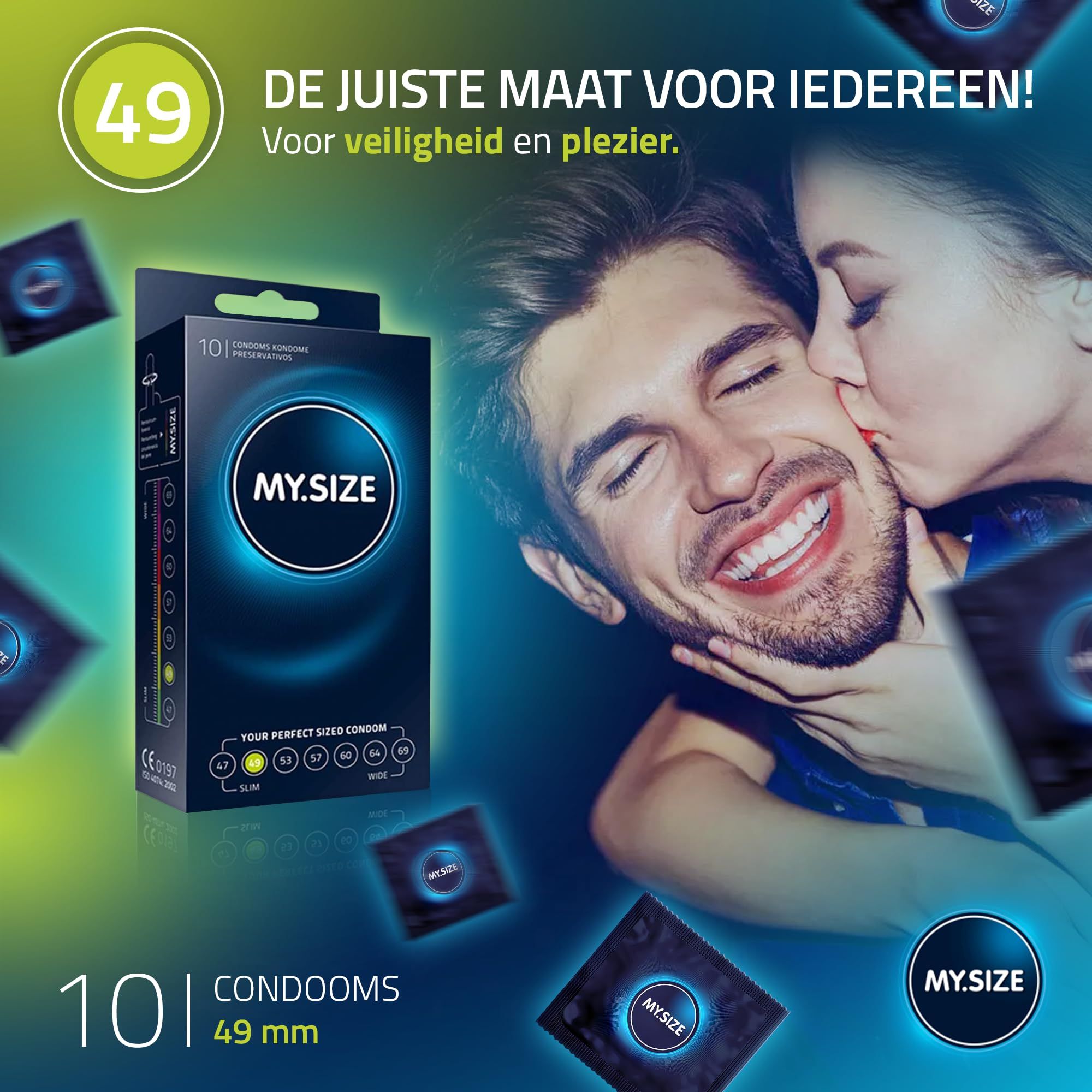 MY.SIZE 49 condoomverpakking met koppel. "De juiste maat voor iedereen!"