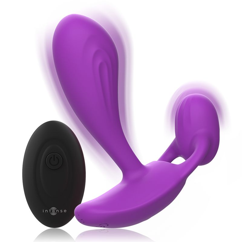 Vibrateur violet avec télécommande. Le vibrateur a une forme incurvée et la télécommande est ovale.