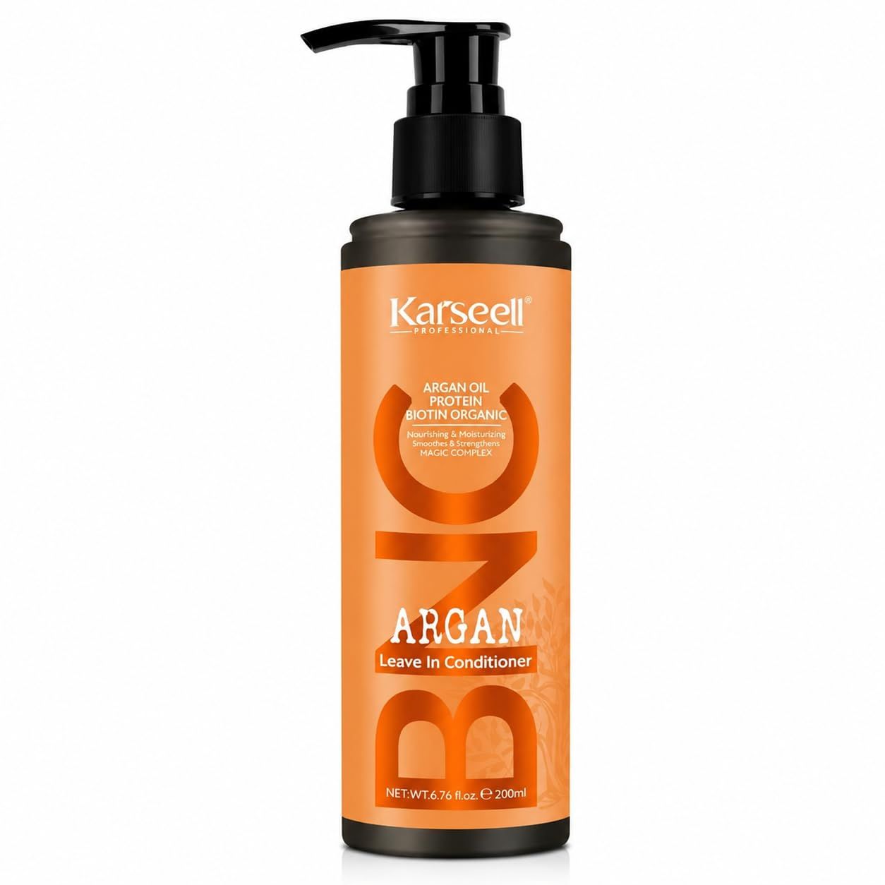 Bouteille orange avec pompe, Karseell Argan Leave-In Conditioner, 200ml.