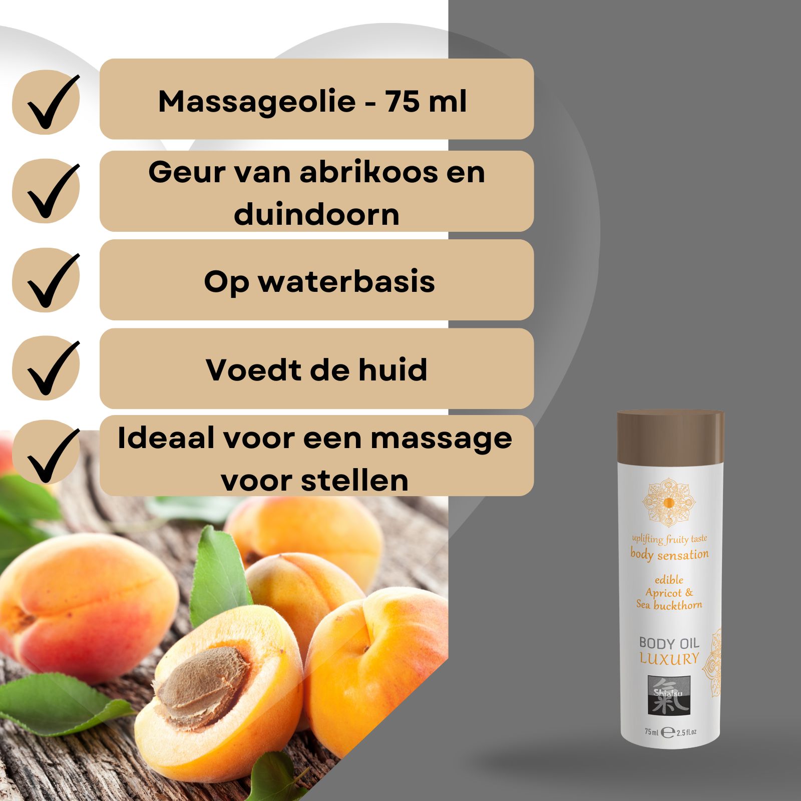 Fles Shiatsu Body Oil Luxury naast verse abrikozen.