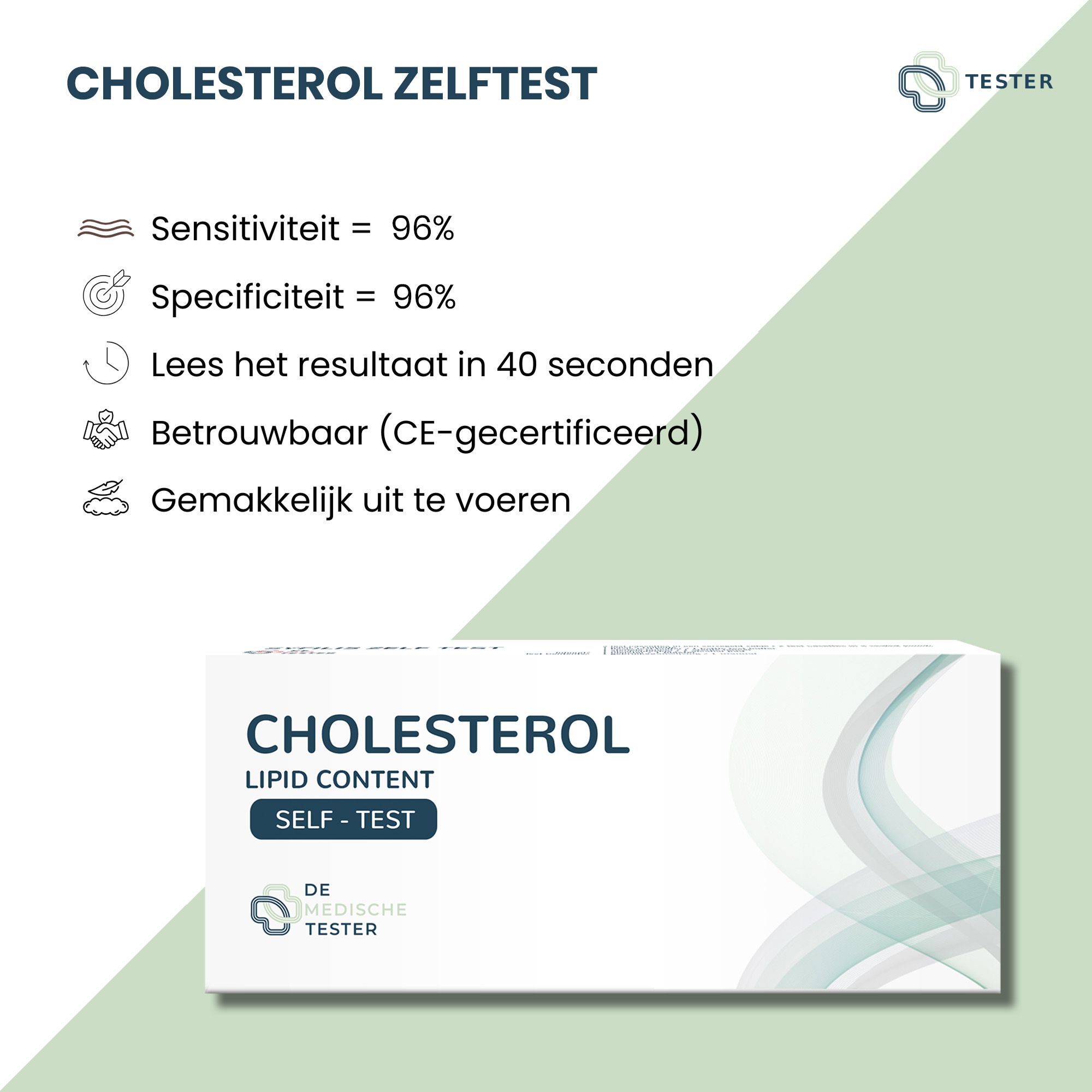 Infographie sur l'autotest de cholestérol. Informations sur la sensibilité, la spécificité, les résultats et la certification CE. Emballage du produit.