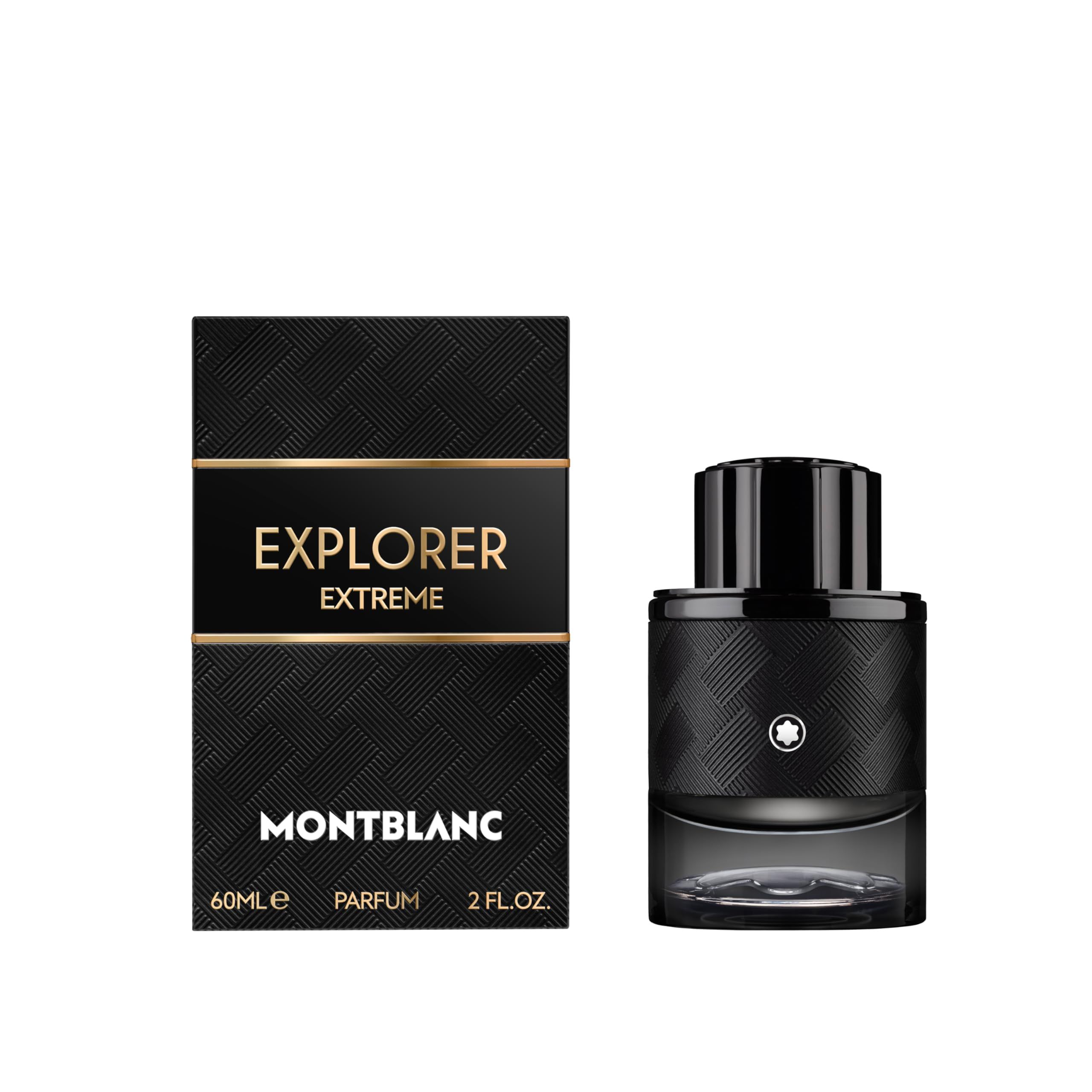 Flacon et boîte noirs. Inscription EXPLORER EXTREME, MONTBLANC. 60ml, PARFUM, 2 FL.OZ.