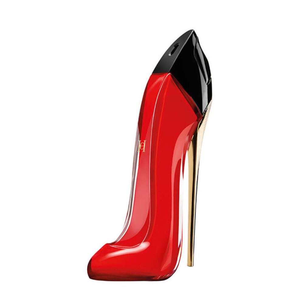 Flacon rouge en forme d'escarpin avec le haut noir et un talon doré. Le logo "CH" est visible sur le flacon.