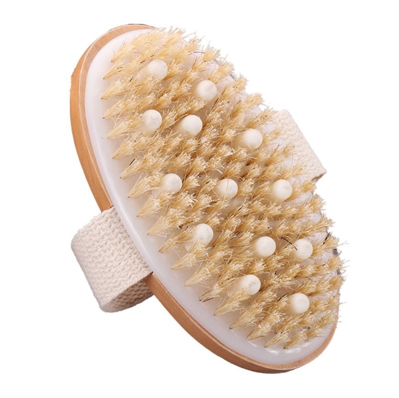 Brosse de massage ovale avec poils naturels et picots, avec sangle.