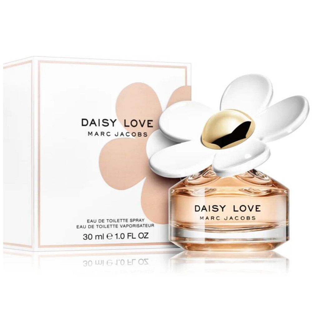 Flacon de parfum avec fleur blanche et emballage. Inscription: Daisy Love Marc Jacobs. 30 ml.