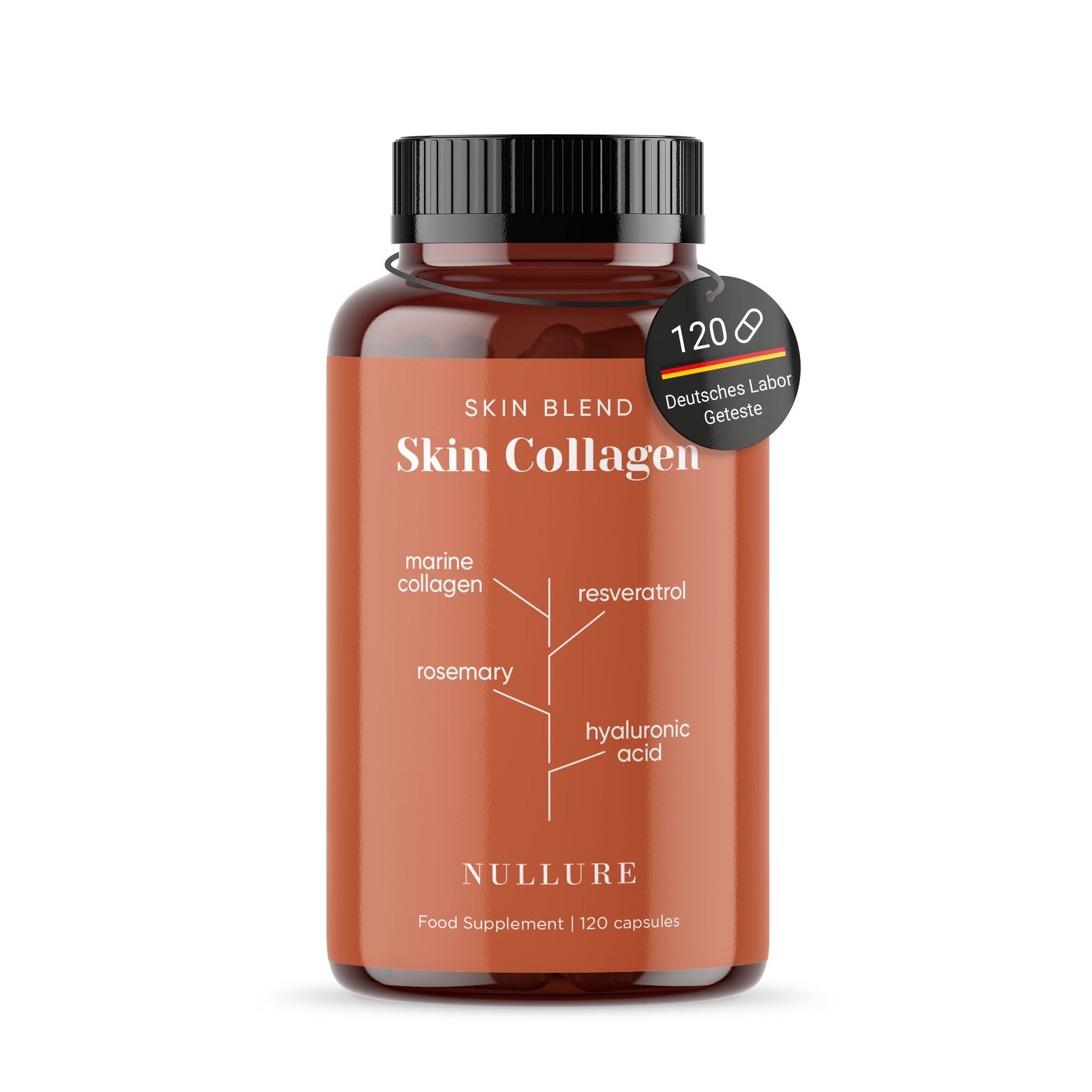 Bruine fles met zwarte dop. Opschrift: Skin Collagen. Bevat 120 capsules. Getest door Duits laboratorium.