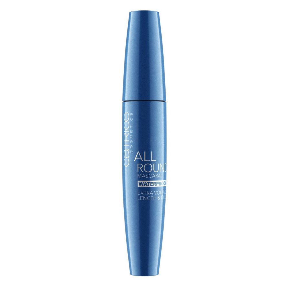 Tube de mascara bleu. Inscription: ALL ROUND, WATERPROOF, EXTRA VOLUME & LENGTH. Vue verticale.