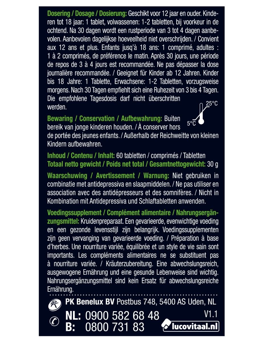 Dos de l'emballage 'Rhodiola Rosea'. Contient des informations sur le dosage, les avertissements et les informations nutritionnelles. Texte multilingue.