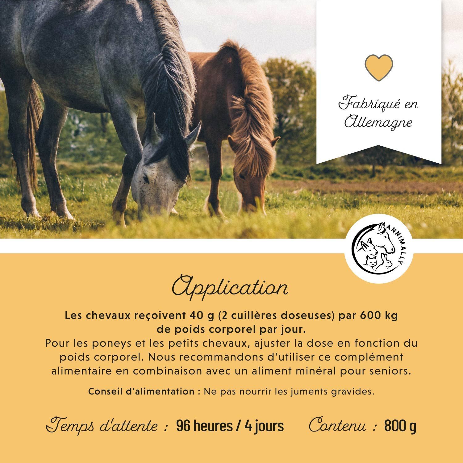 Deux chevaux dans un champ. Texte: Application. 800 g. Logo avec cheval, chien et lapin. Fabriqué en Allemagne.