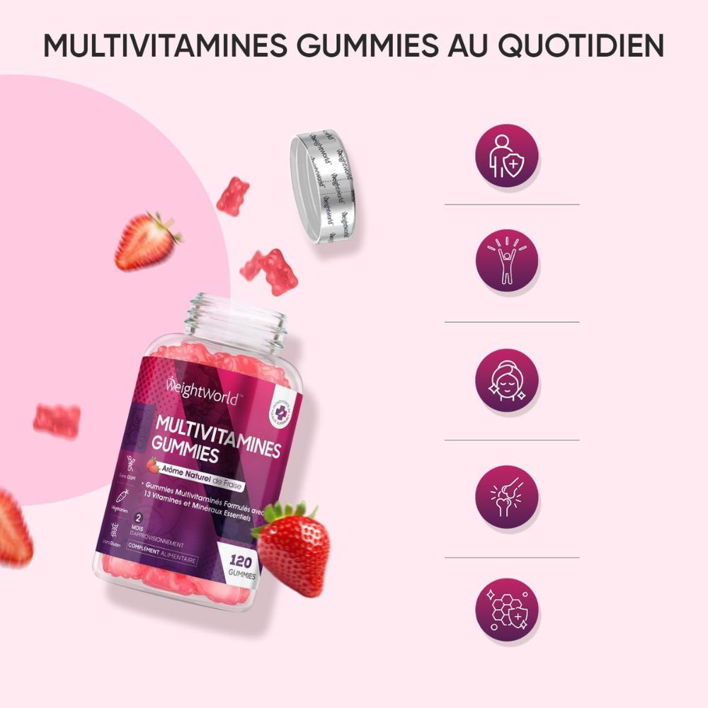 Flacon de gommes, fraises et icônes. Contient 120 pièces. 12 vitamines et minéraux. Pour une utilisation quotidienne.