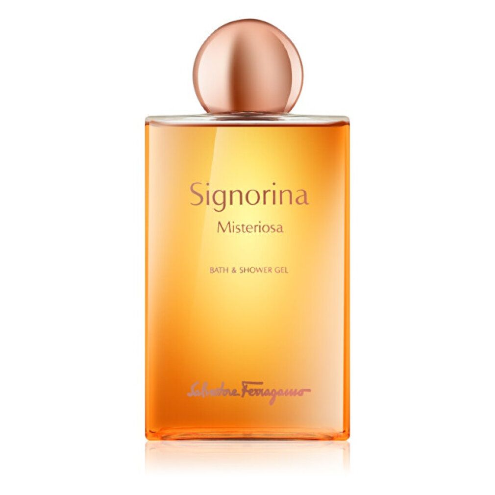Flacon avec liquide jaune-orangé. En haut: bouchon. Texte: Signorina Misteriosa, Bath & Shower Gel, Salvatore Ferragamo.