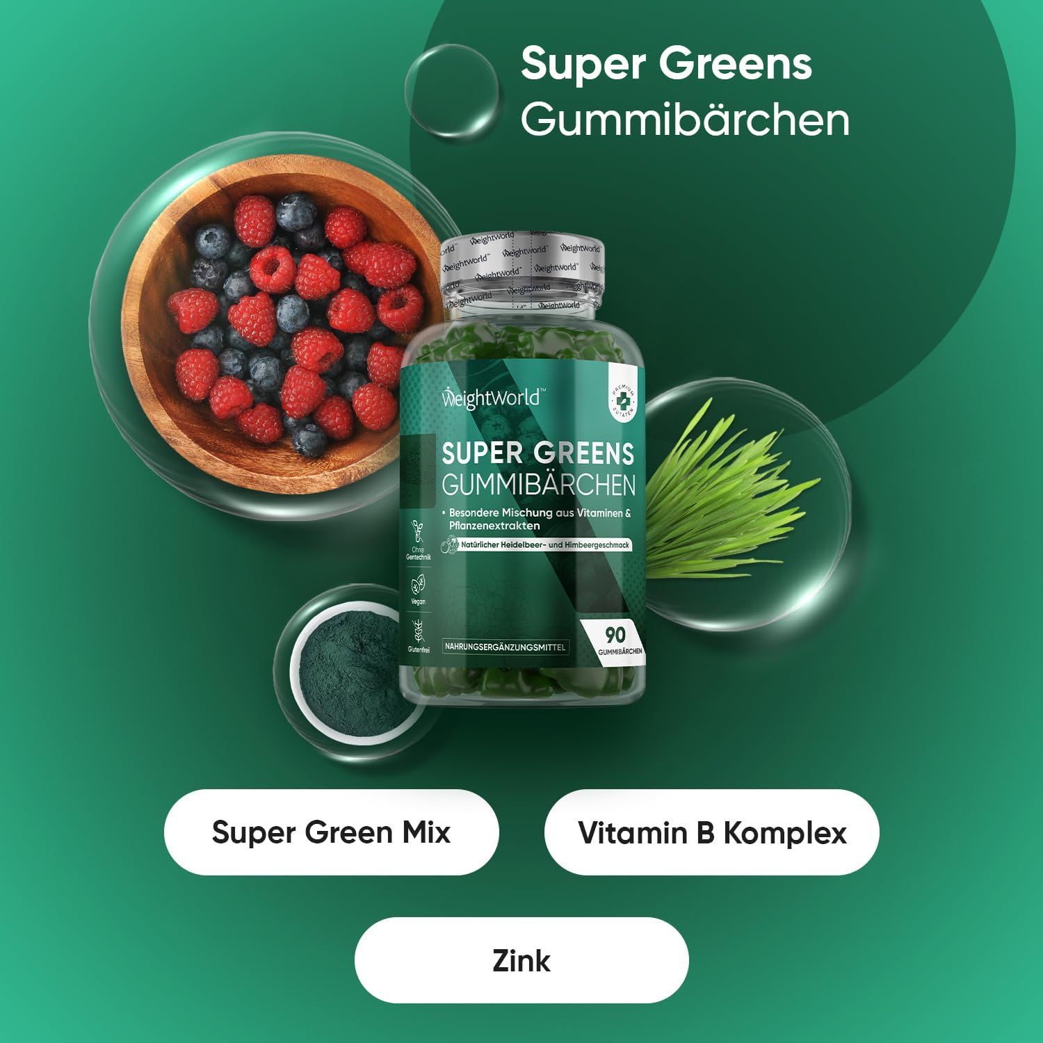 Flacon de WeightWorld Super Greens Gummibärchen verts, 90 unités. Avec Super Green Mix, complexe de vitamine B et zinc. Fond vert.