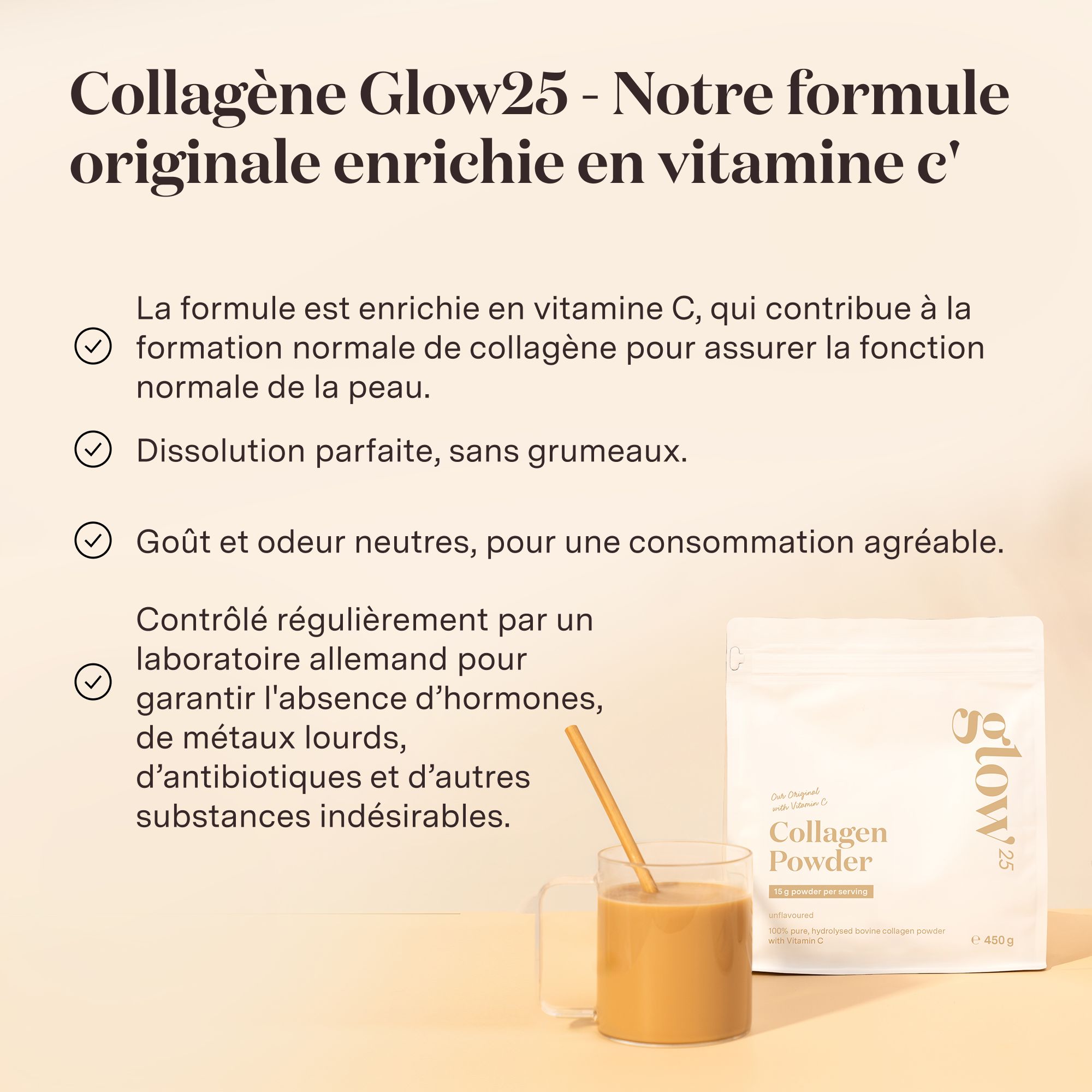 Tekst met informatie over Glow25 collageen. Ingrediënten, voordelen en kwaliteit.