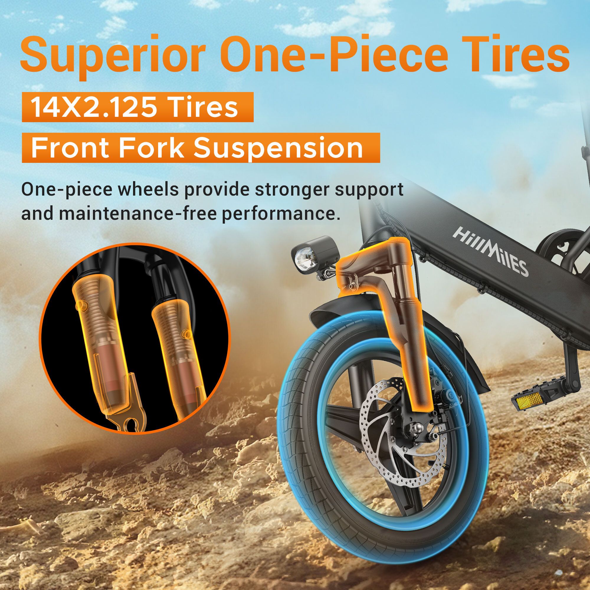 Gros plan sur la roue avant. Texte : Pneus monoblocs supérieurs. Pneus 14X2.125. Suspension avant.