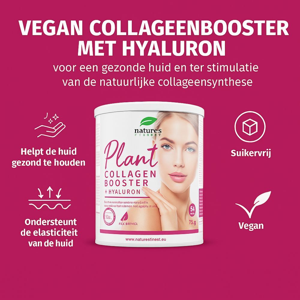 Nature's Finest Plant Collagen Booster. Vegan, zonder suiker. Met hyaluron. Tekst op rode achtergrond.