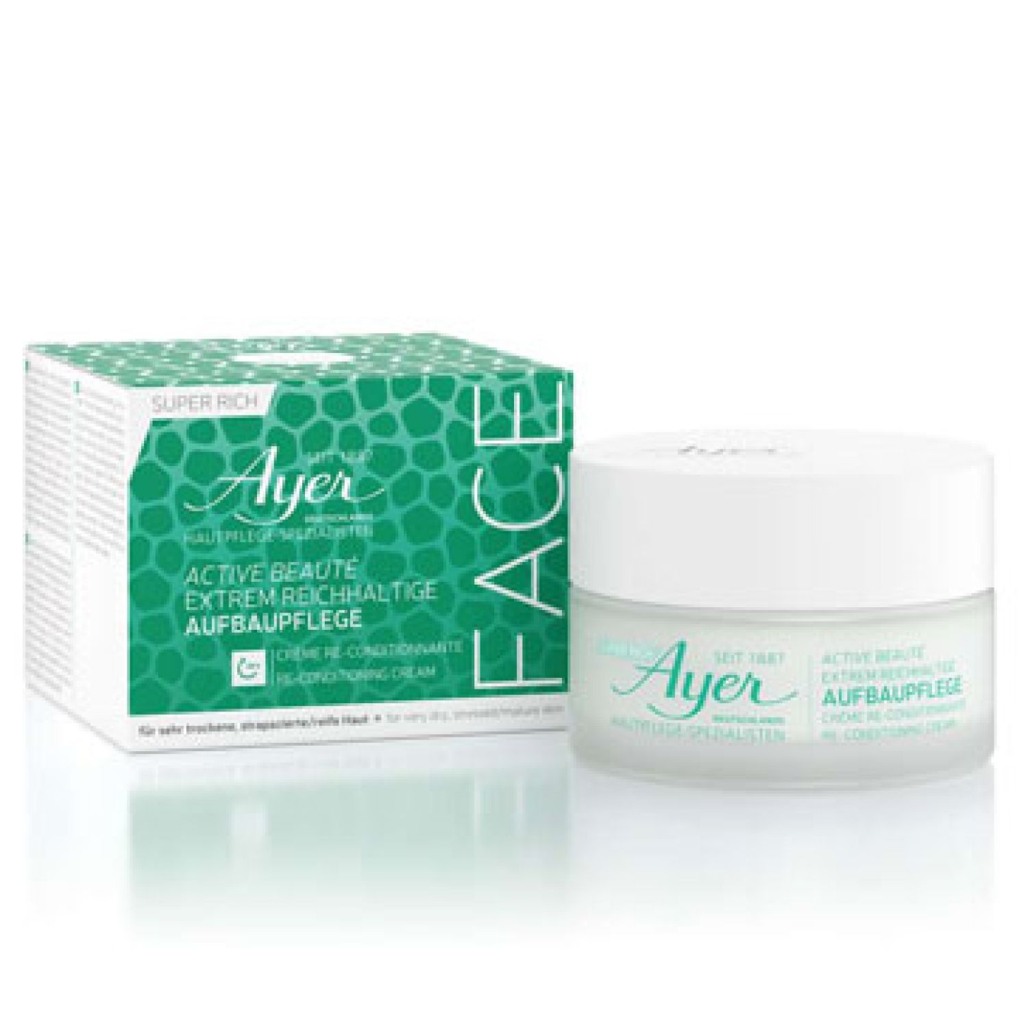 Crèmepot en doos. Opschrift: Ayer, Active Beauté, Reconditioning Cream. Groen-witte verpakking.