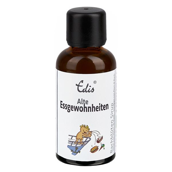 Bruine fles met zwarte dop. Opschrift: Edis Alte Essgewohnheiten. Illustratie: kind gooit eten weg. Bachblüten Sirup.