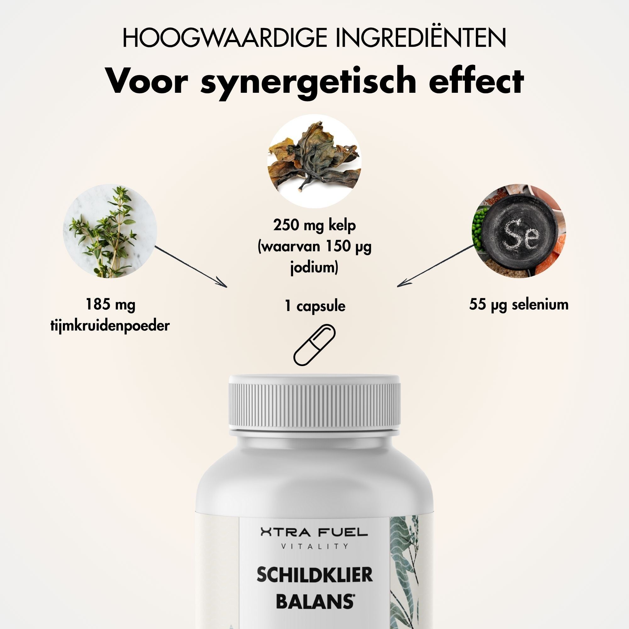 Ingrediënten: tijm, kelp, selenium. Tekst: Voor synergetisch effect. 1 capsule.