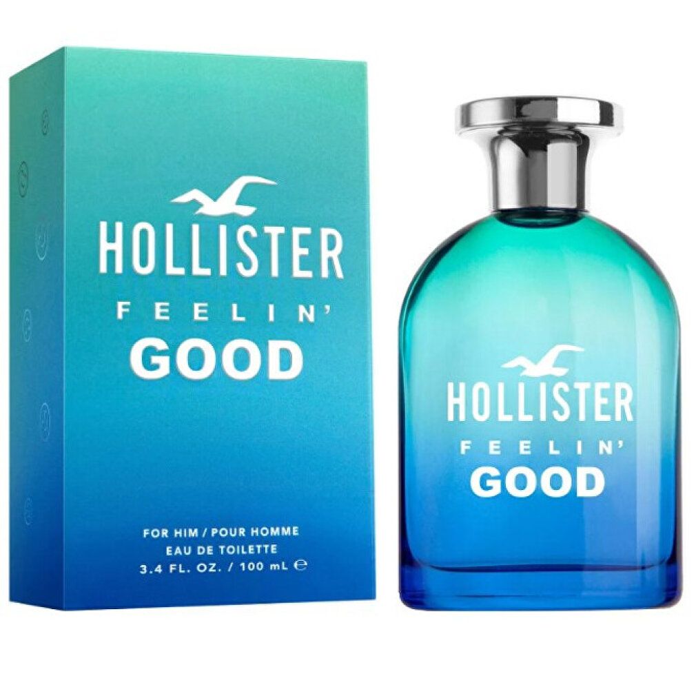 Flacon et boîte bleu-vert. Inscription : HOLLISTER FEELIN' GOOD. Logo : mouette. Forme arrondie. Boîte : bleu-vert.