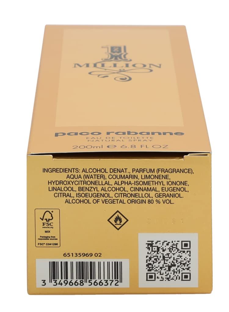 Dos de l'emballage Paco Rabanne 1 Million. Contient ingrédients, logo FSC, code QR et avertissement.
