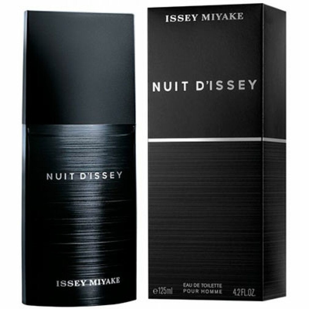 Flacon et boîte noirs. Flacon avec 'Nuit d'Issey' et 'Issey Miyake'. Boîte avec texte.