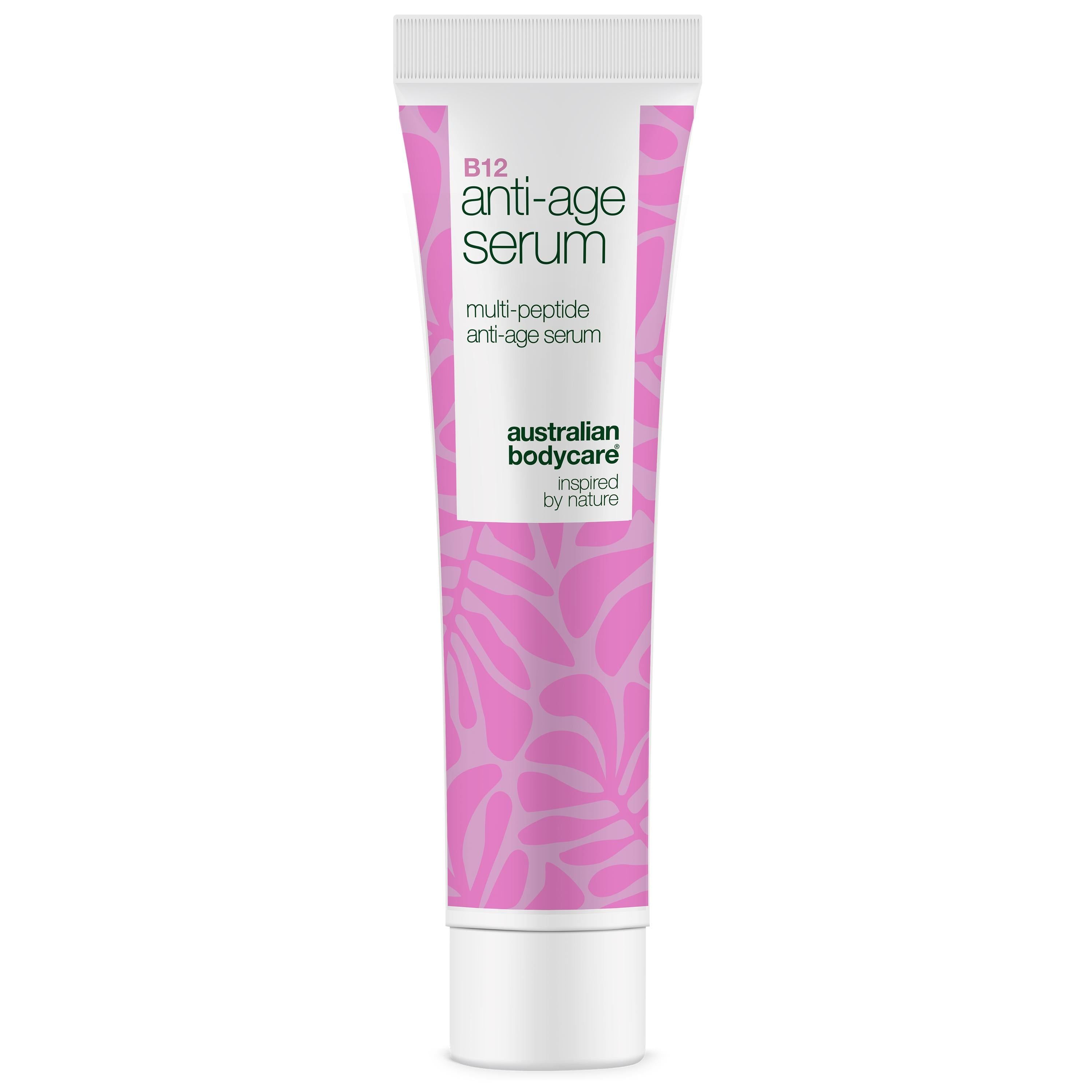 Tube de sérum anti-âge. Bouchon blanc, motif rose. Texte: B12 Anti-âge sérum, Australian Bodycare.