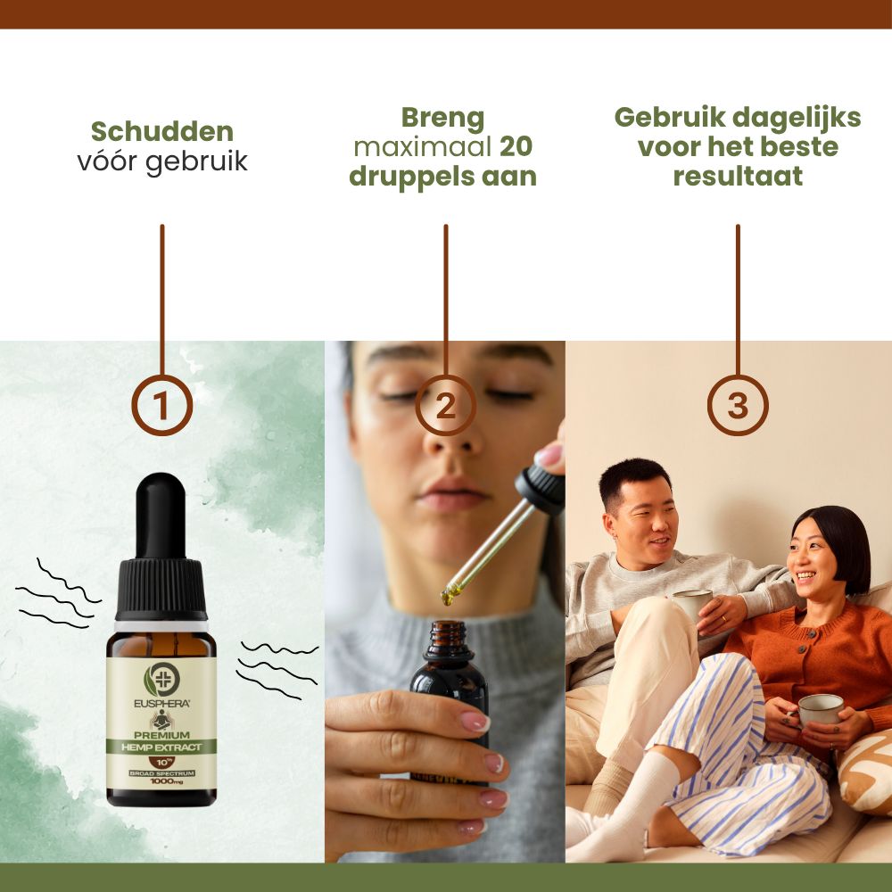 Trois images. 1 : Flacon avec compte-gouttes. 2 : Femme avec compte-gouttes. 3 : Couple. Texte : Agiter avant utilisation, appliquer jusqu'à 10 gouttes, utiliser quotidiennement.