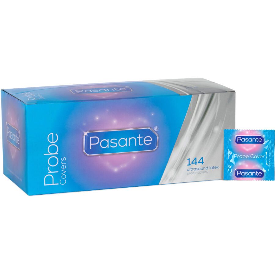 Boîte bleu et argent avec logo "Pasante Probe Covers" et 144 unités. Deux emballages individuels à côté.