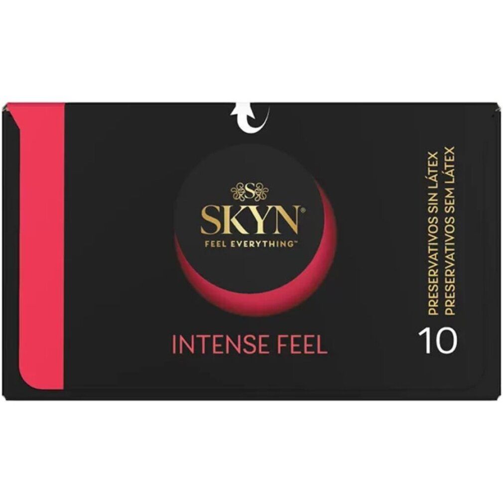 Emballage noir avec accent rouge et logo. Contient 10 unités. Texte : 'Intense Feel' et 'sans latex'.