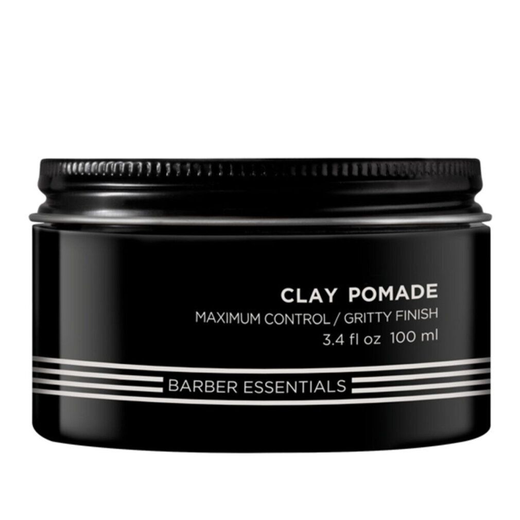 Pot noir avec couvercle. Inscription: Clay Pomade, Barber Essentials. 3.4 fl oz 100 ml.