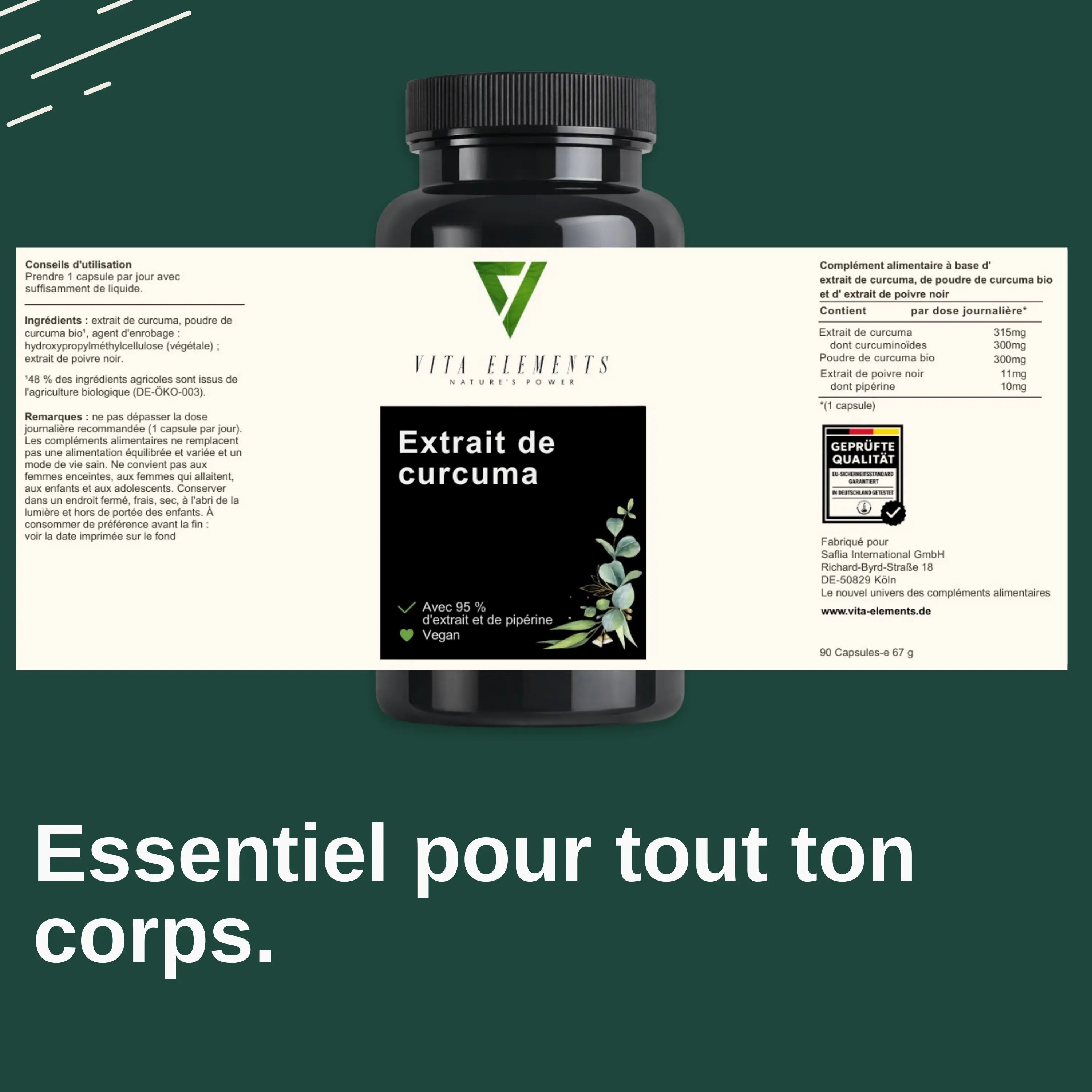 Vita Elements Curcuma Extrait: Homme tenant une gélule. 300mg de curcuminoïdes par dose journalière. 1 gélule par jour. Approvisionnement de 3 mois.