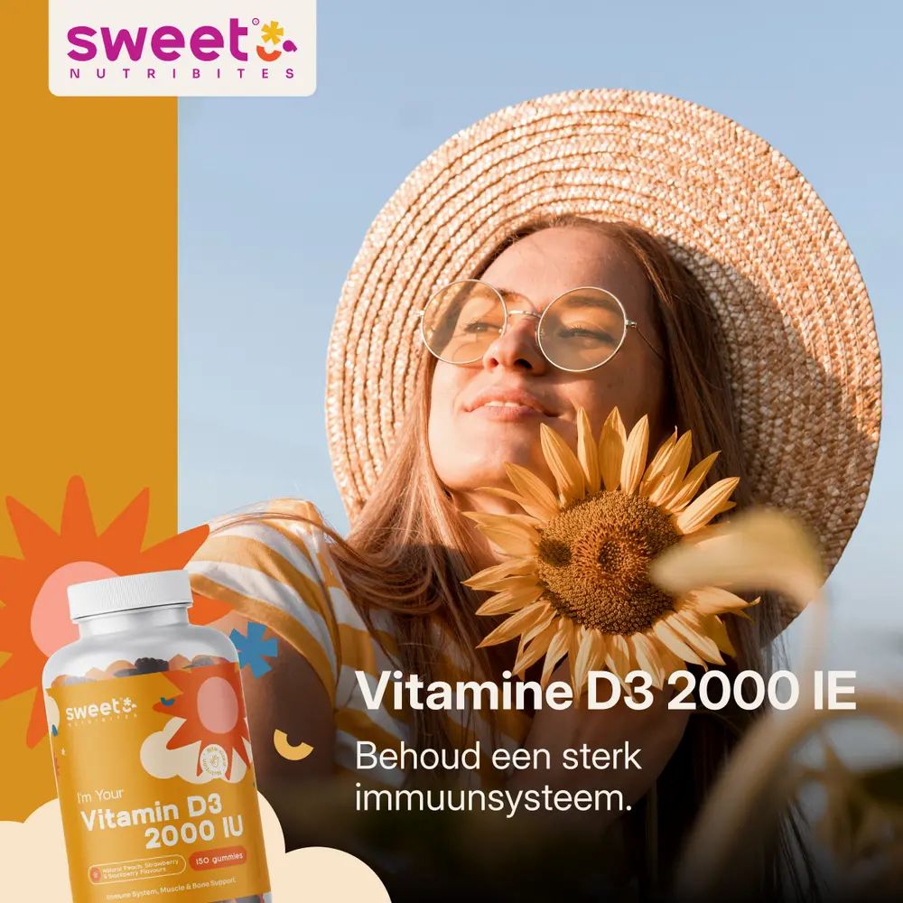 Vrouw met zonnebloem en fles Sweet Nutribites Vitamine D3 2000 IE. Tekst: Vitamine D3 2000 IE, Behoud een sterk immuunsysteem.