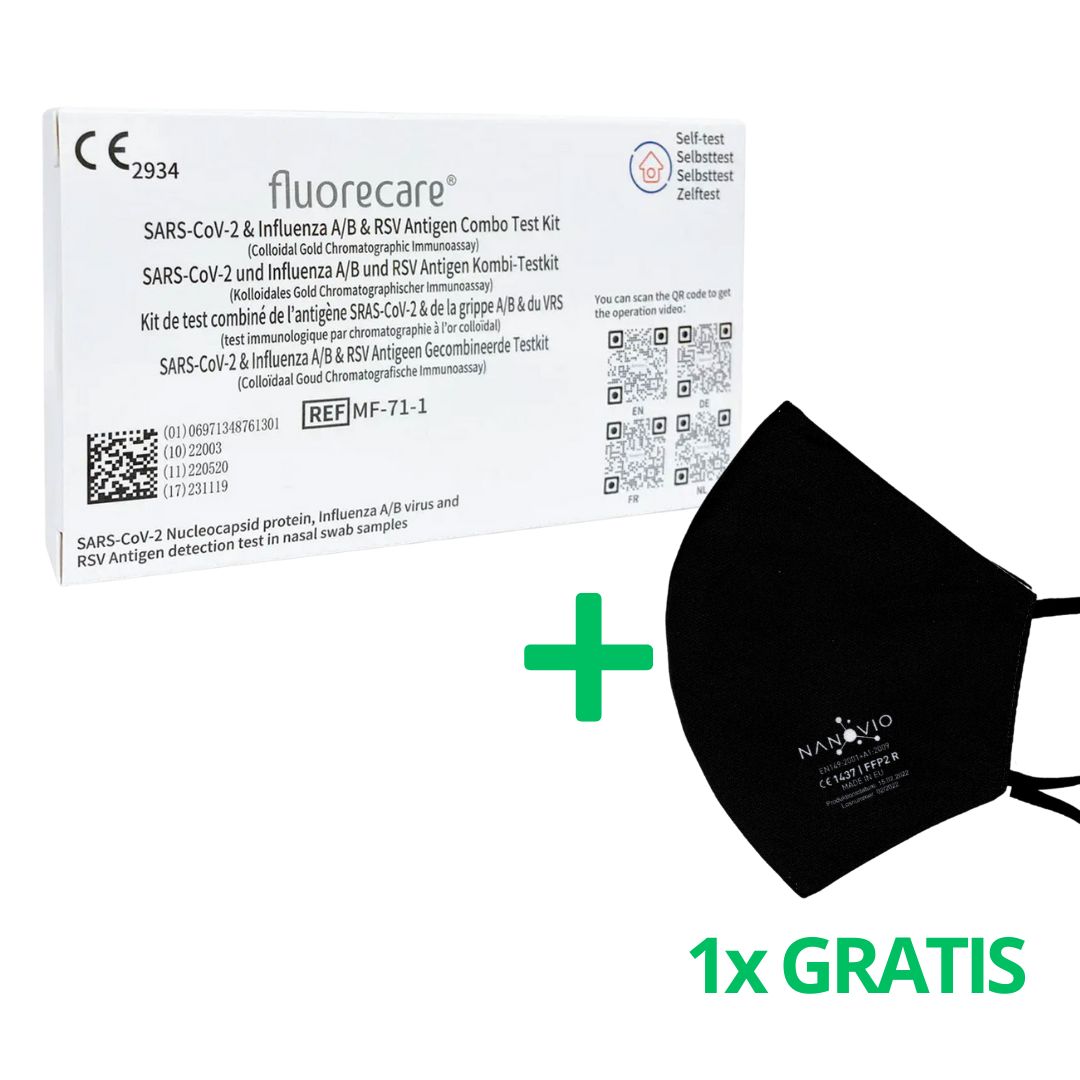 fluorecare® 4in1 Covid, Grippe A/B & VRS test + 1x gratuit Nanovio-FFP2