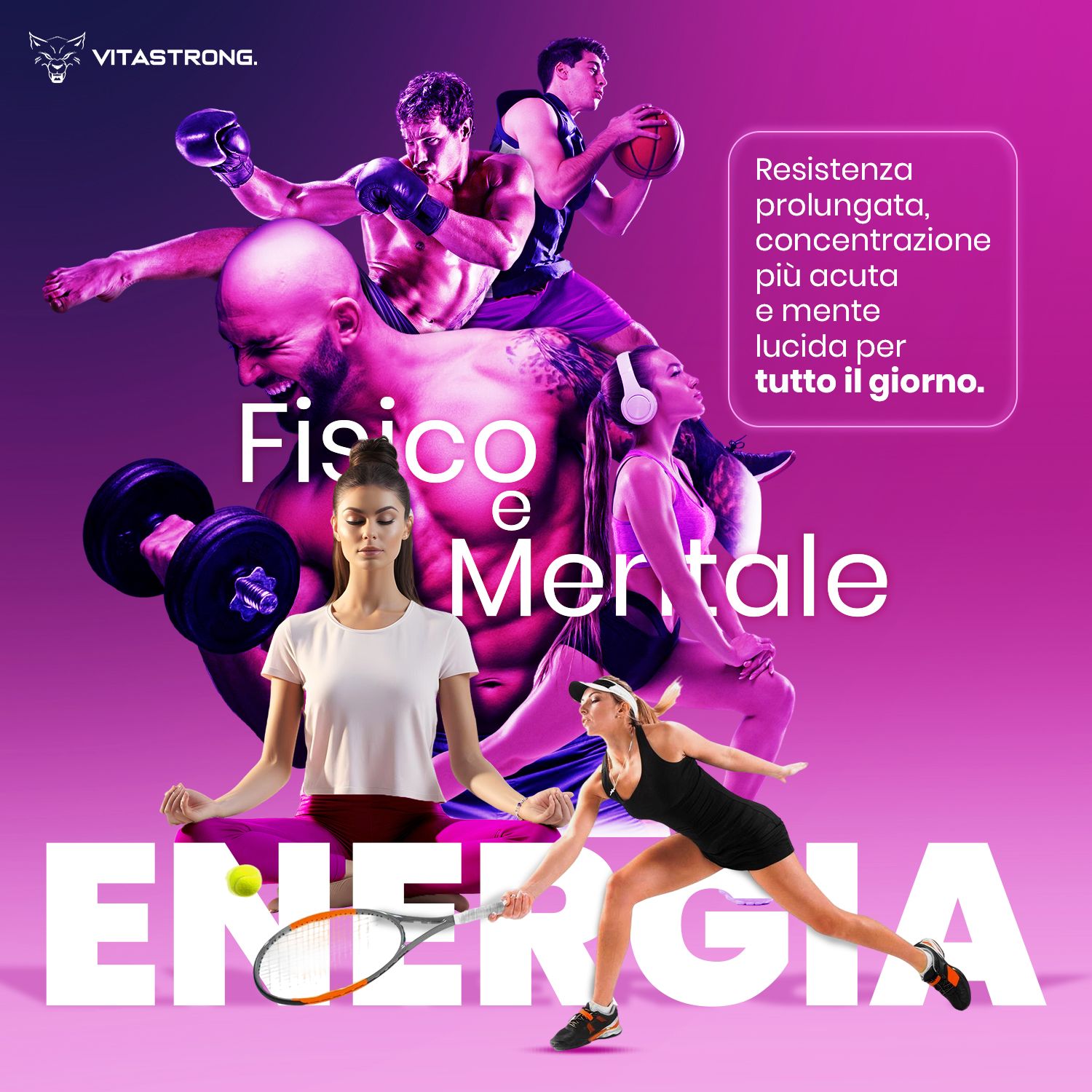 Vitastrong Energy Berries. Athlètes, yoga, tennis. Énergie pour le corps et l'esprit. Texte.