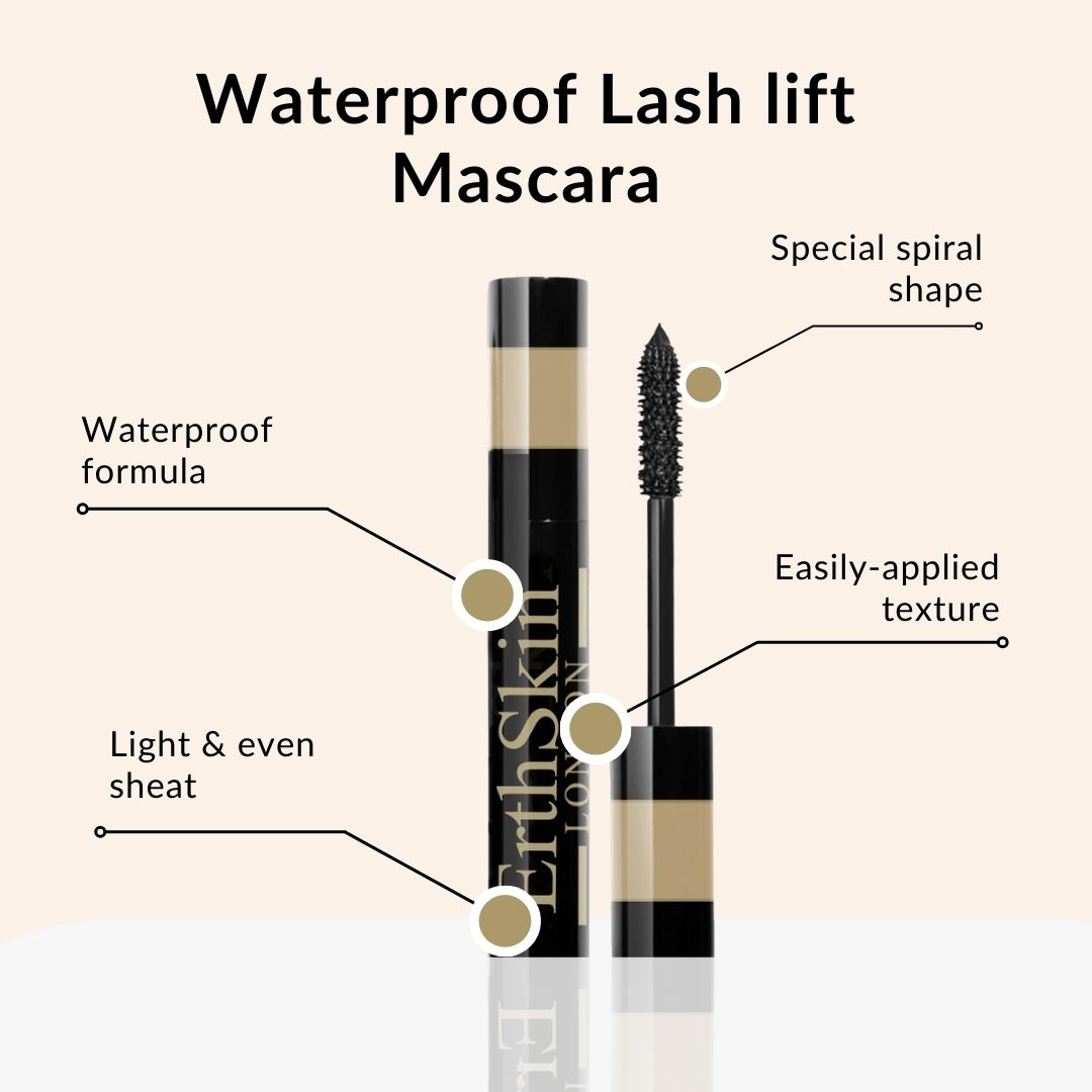 Mascara met borstel, gelabeld 'ErthSkin LONDON', 'Waterproof formula', 'Light & even sheat'.