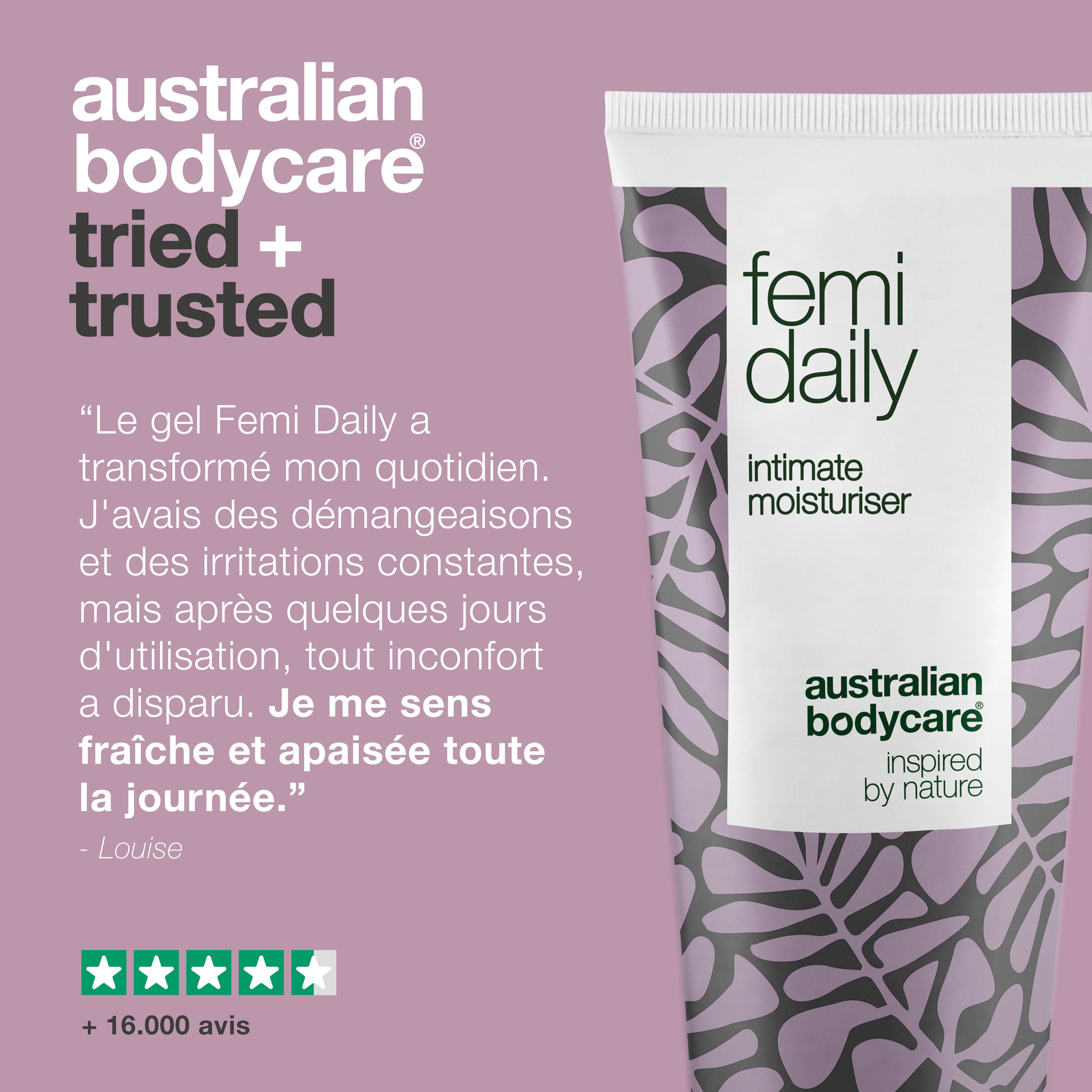 Femi Daily hydratant intime. Texte : Louise, +16 000 avis. Motif violet.