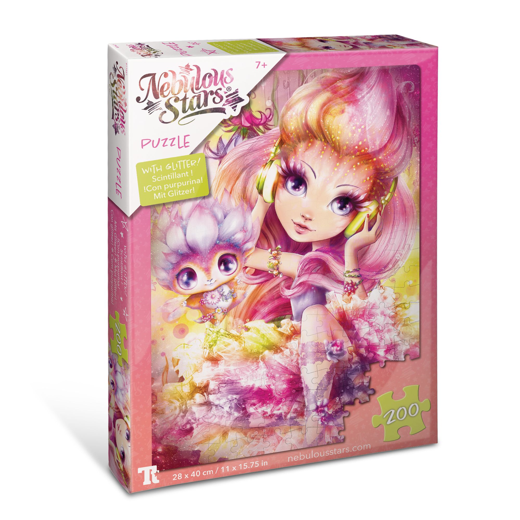 Puzzeldoos met illustratie. Nebulous Stars logo. 200 stukjes. Roze en veelkleurig. 28 x 40 cm.