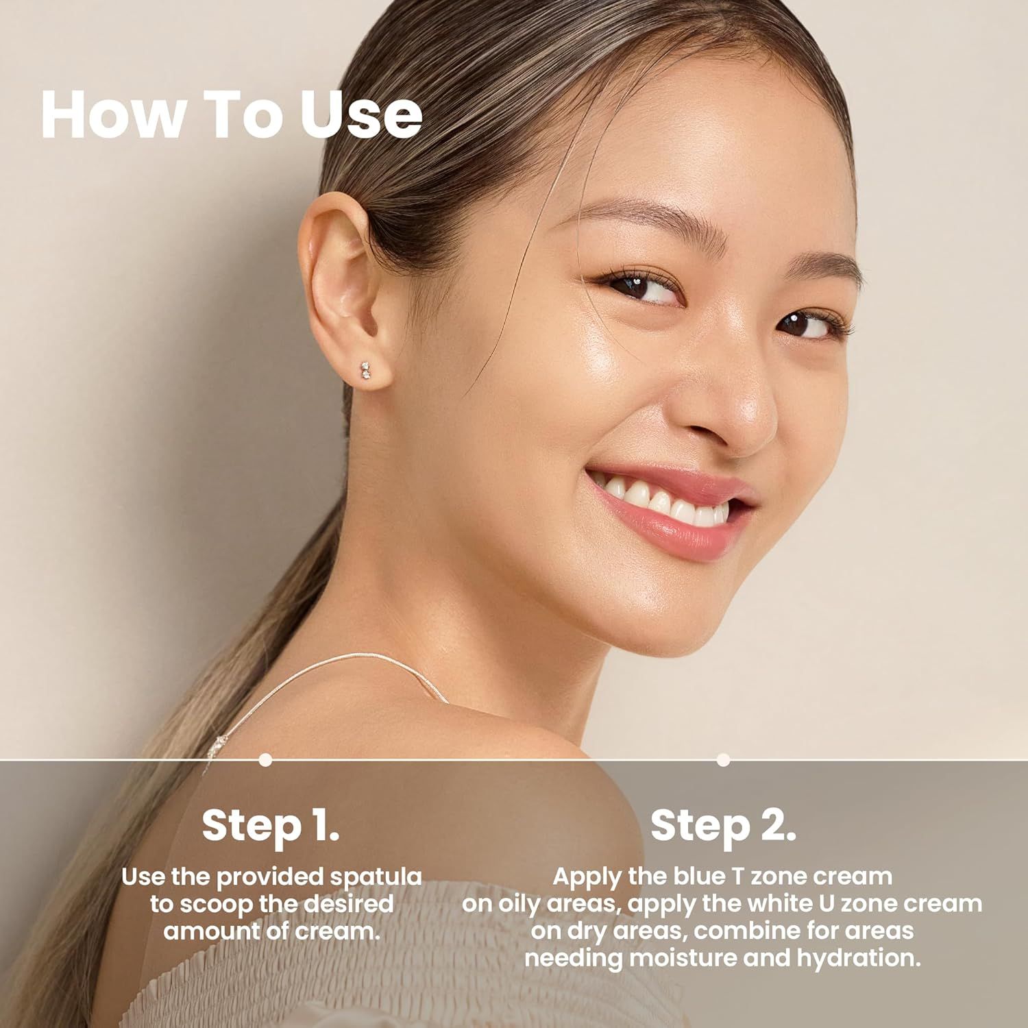 Visage d'une femme avec instructions. Étape 1 : Spatule. Étape 2 : Appliquer la crème.