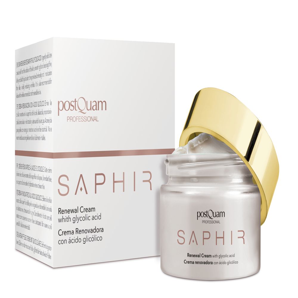 Crèmepot met gouden deksel en doos. Opschrift: Postquam Saphir Renewal Cream. Dermatologisch getest en vegan.