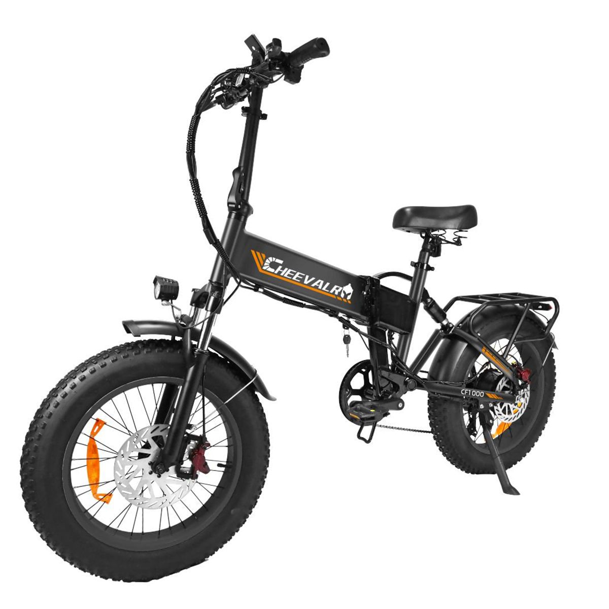 Vélo électrique noir avec pneus larges, freins à disque et inscription CHEEVALRY.