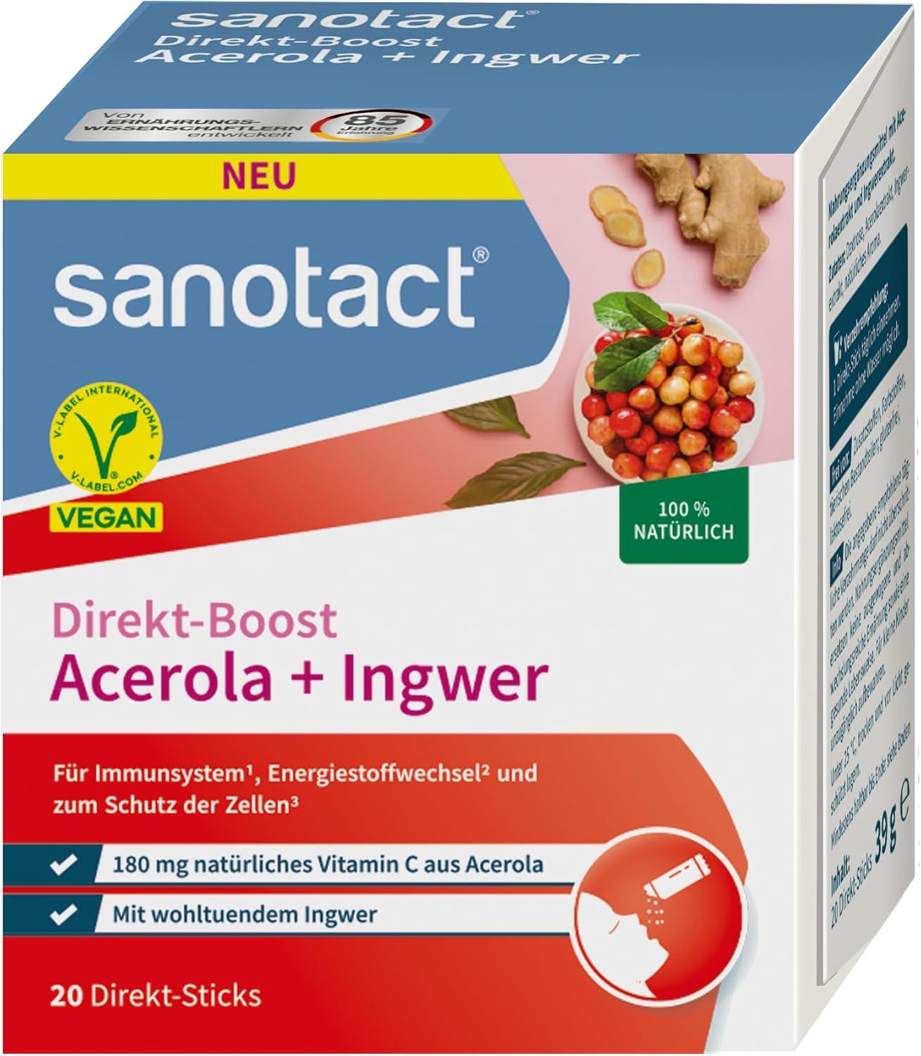 Emballage de sanotact Direkt-Boost Acerola + Ingwer Sticks avec image d'acérola et de gingembre.