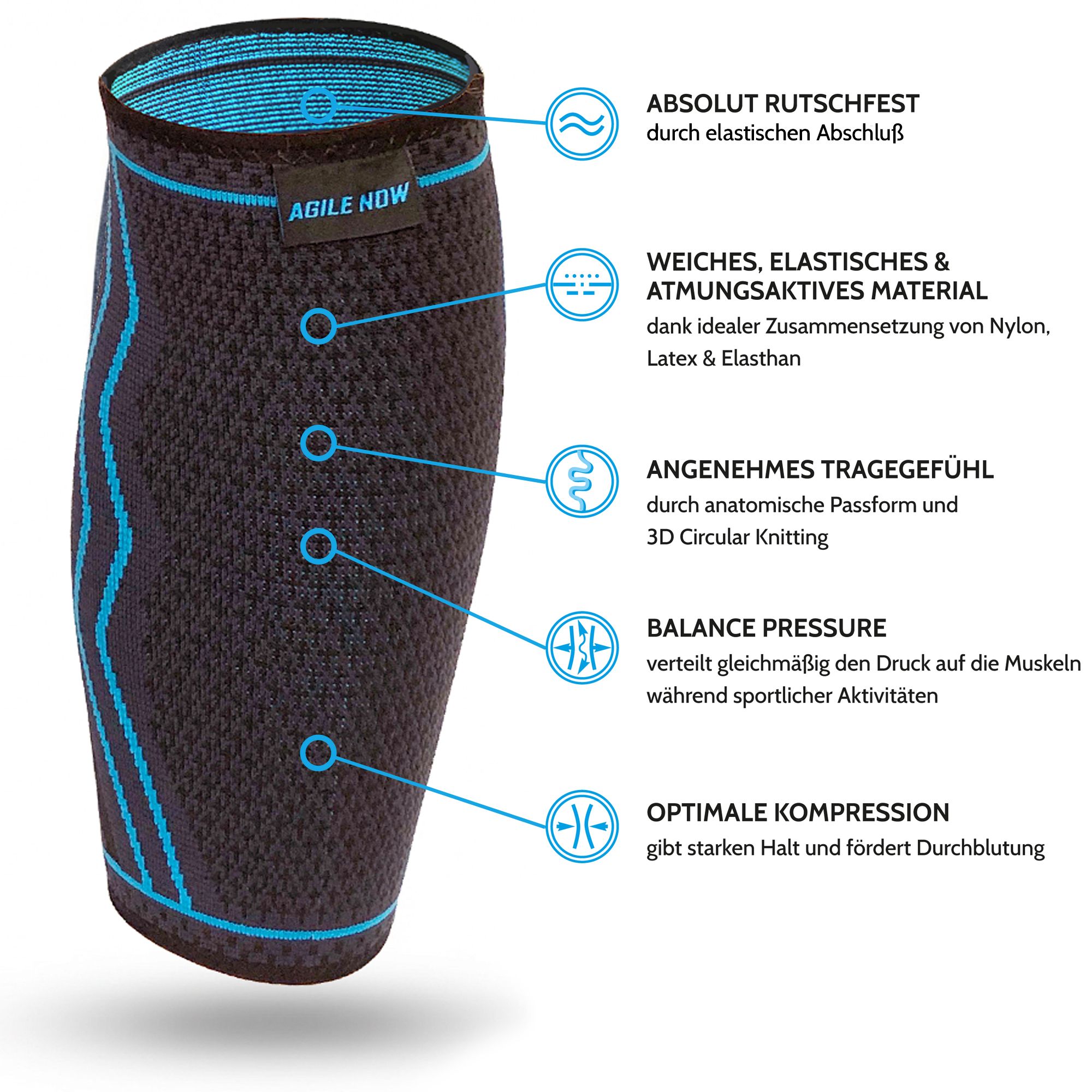 Zwarte kuitband met blauwe accenten. Anatomische pasvorm, ademend materiaal. Nylon, latex en elastaan. Optimale compressie.