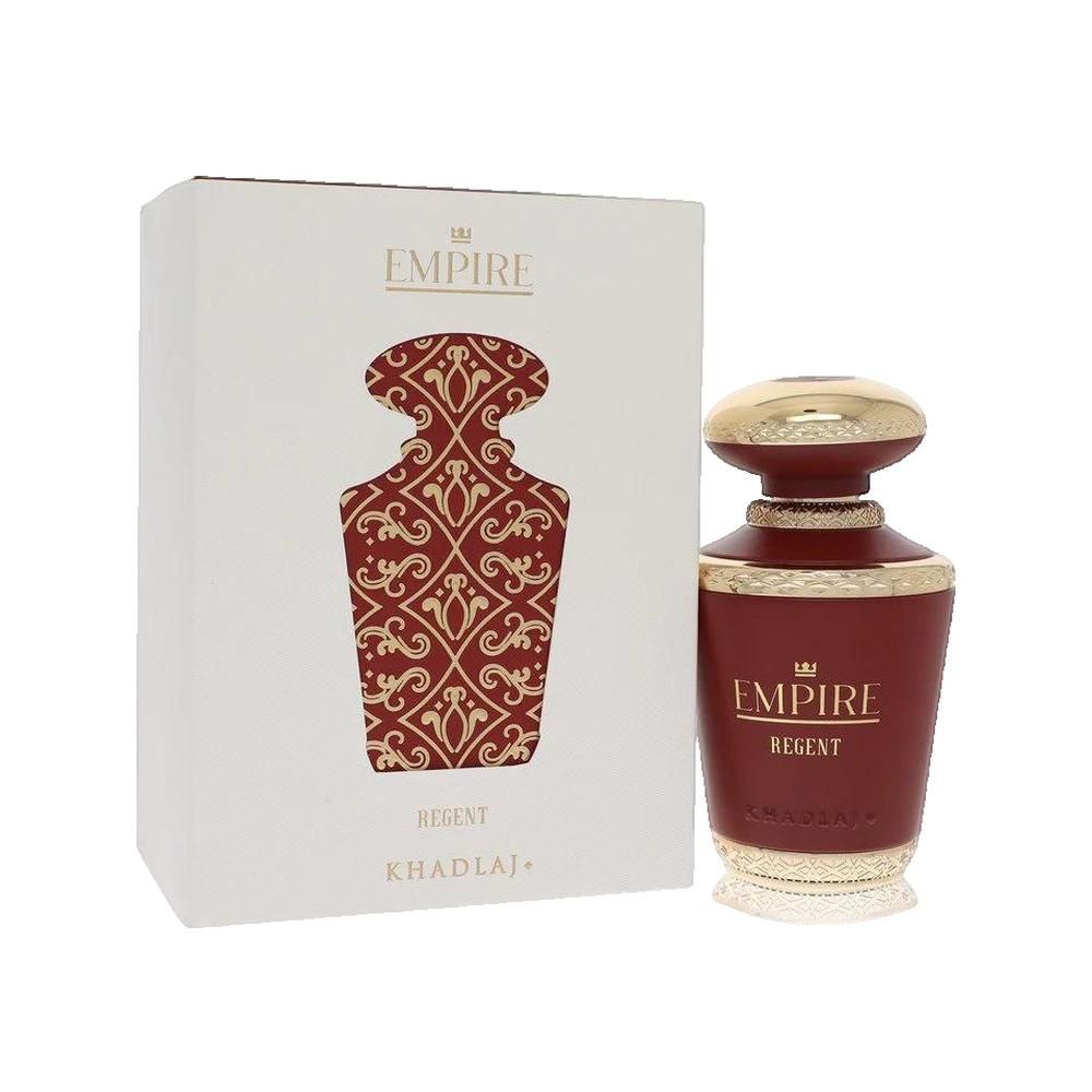 Parfumfles en verpakking. Rode fles met gouden dop. Witte verpakking met rood patroon en tekst.