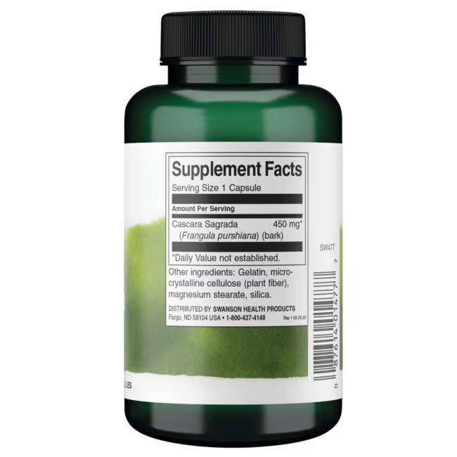 Achterkant van een groene fles. Wit etiket met voedingswaarde. Cascara Sagrada, 450 mg per capsule.