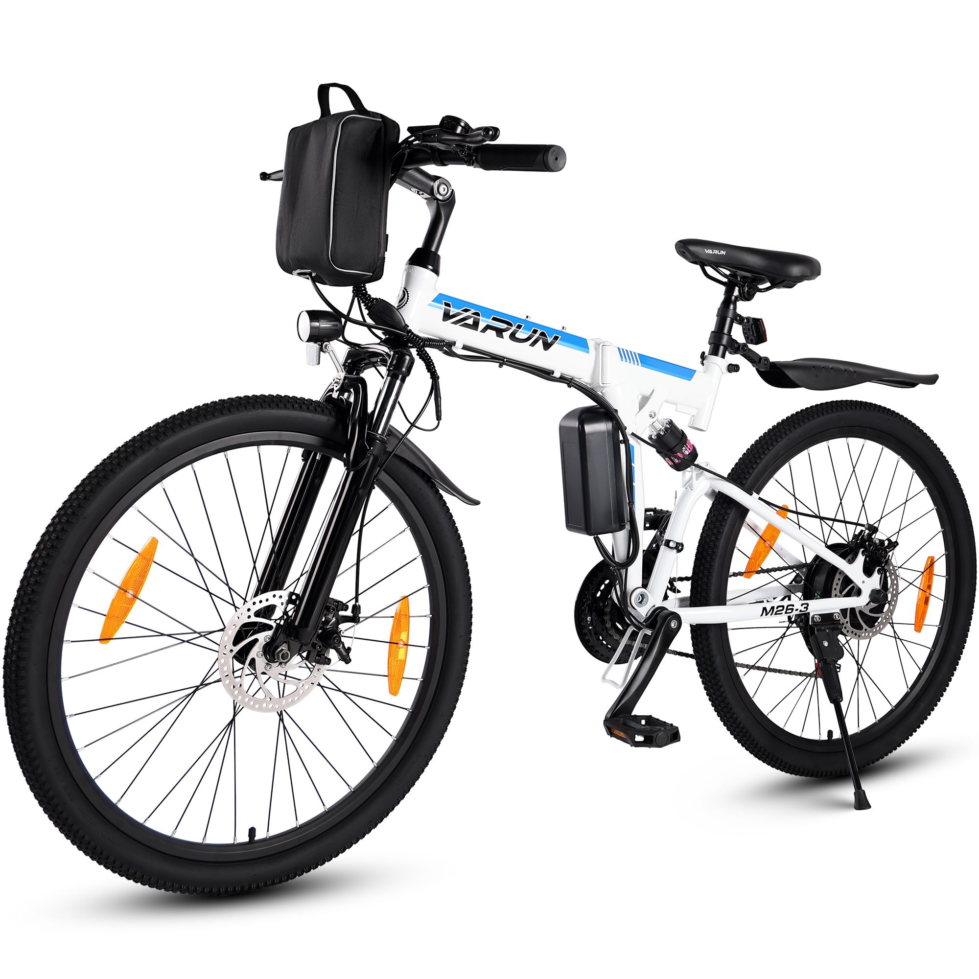 Vélo électrique pliable, blanc-bleu. Détails noirs, porte-bagages, garde-boue, réflecteurs orange.