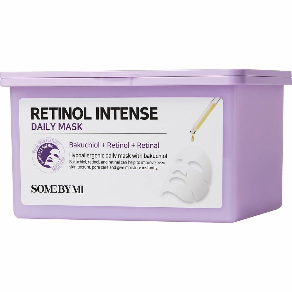 Boîte violette avec couvercle. Inscription : Retinol Intense Daily Mask. Contient des masques faciaux. Marque : SOMEBYMI.