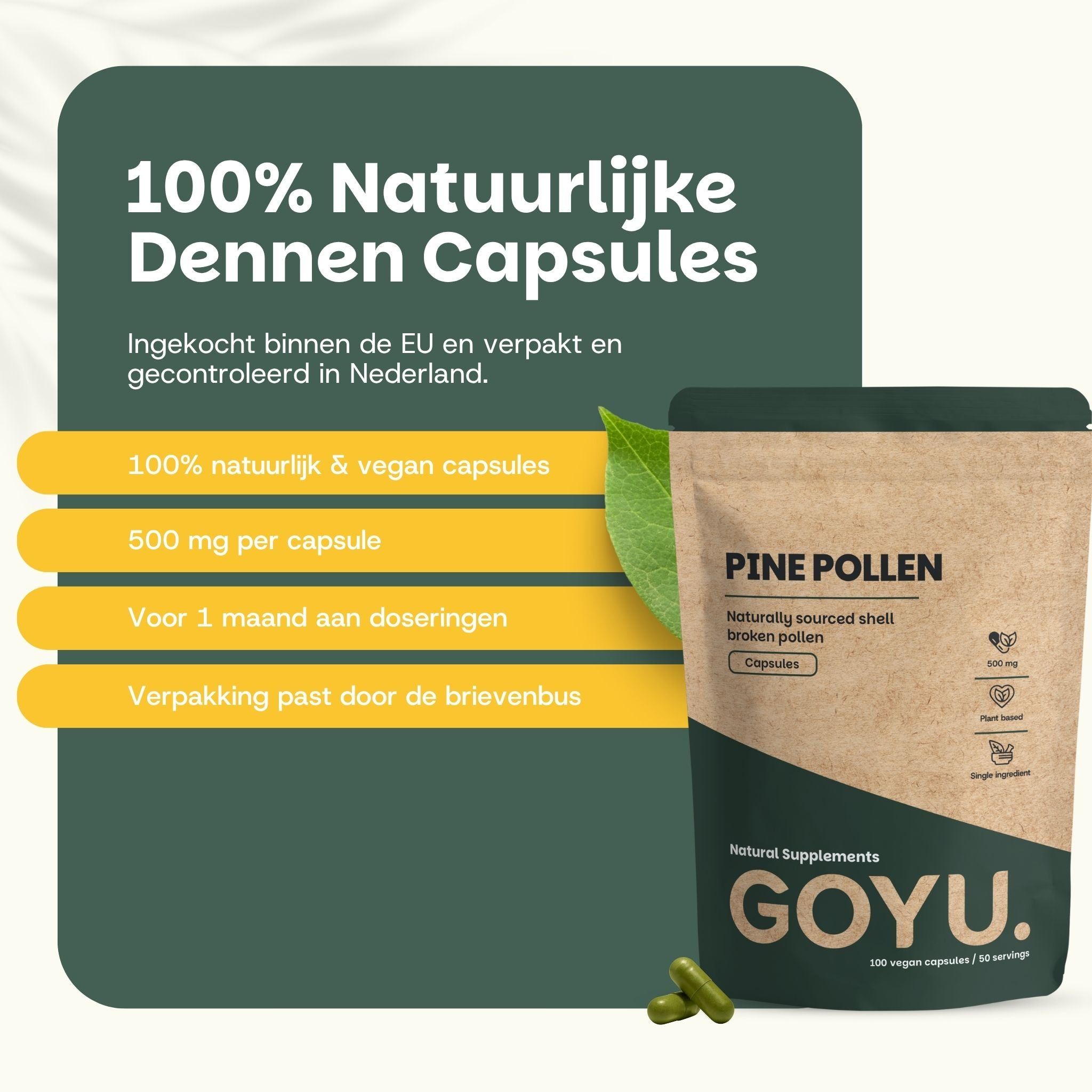 Bruine pouch met dennenpollen capsules. Klantbeoordelingen: Uitstekend product, Topkwaliteit, Voelbaar verschil.