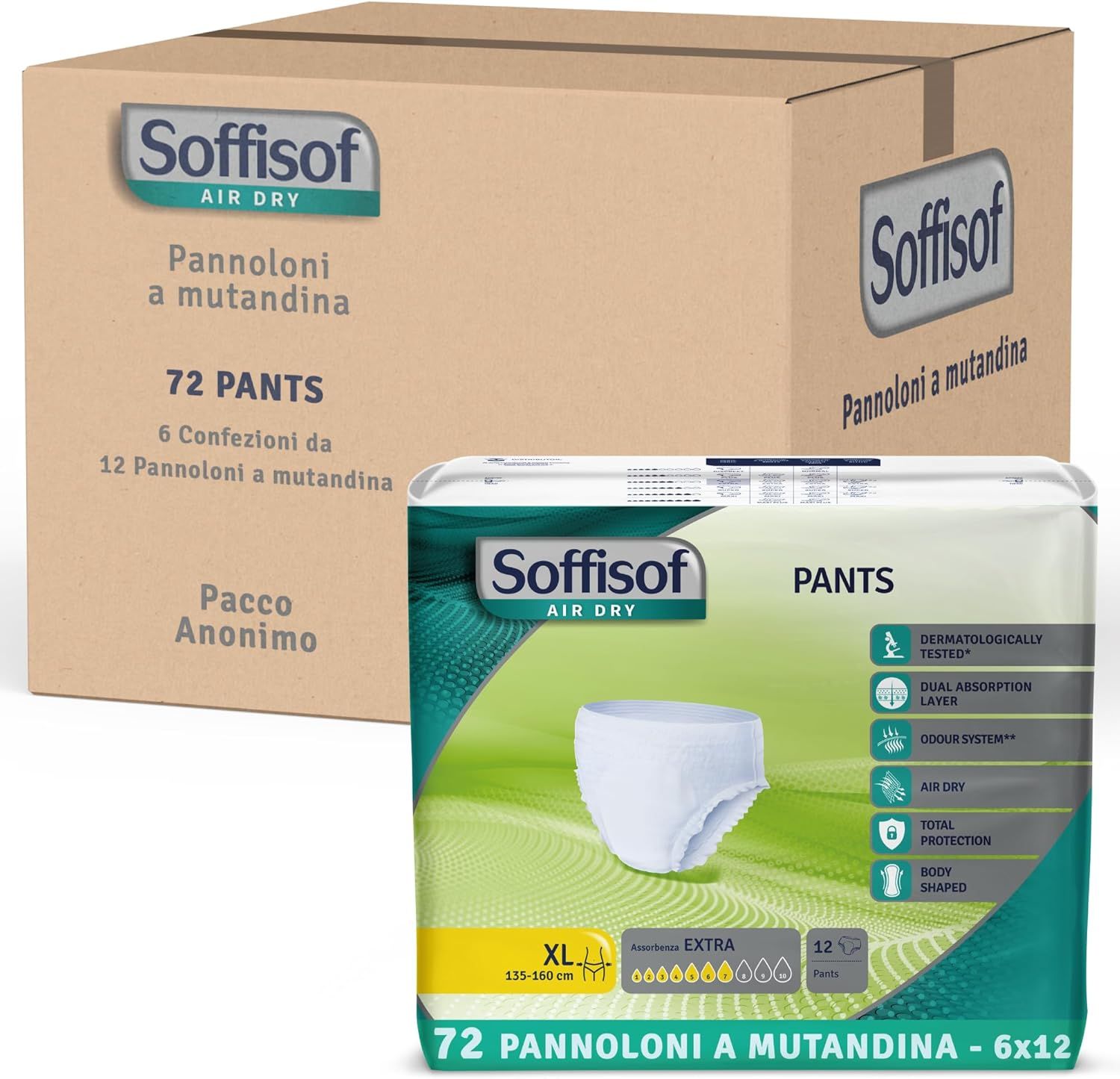 Doos met Soffisof Pants. Bevat 72 broekjes in 6 verpakkingen van 12. Anonieme verpakking. XL Pants verpakking.